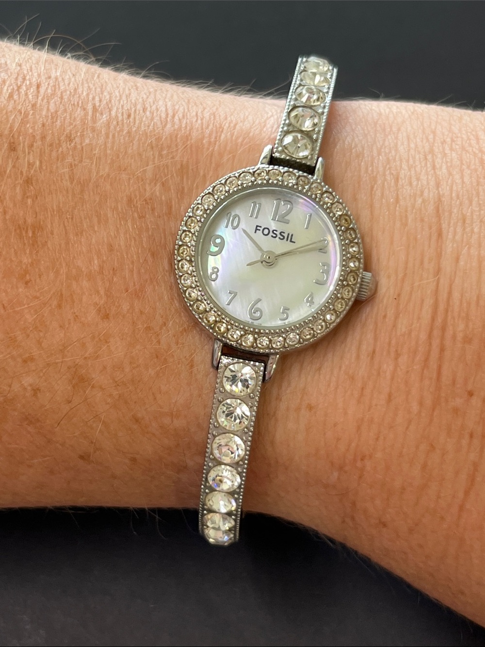 Fossil F2 Silver Crystal Bangle Watch with Mother-of-Pearl Dial ES-1636
